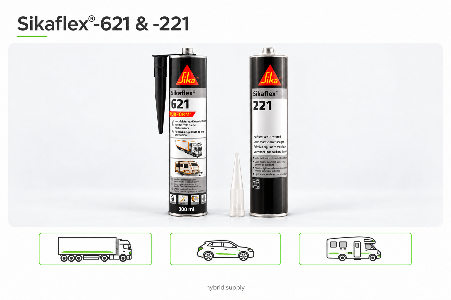 Sikaflex-621 und Sikaflex-221 in 300-ml-Kartuschen mit Symbolen für Lkw, Pkw und Wohnmobil