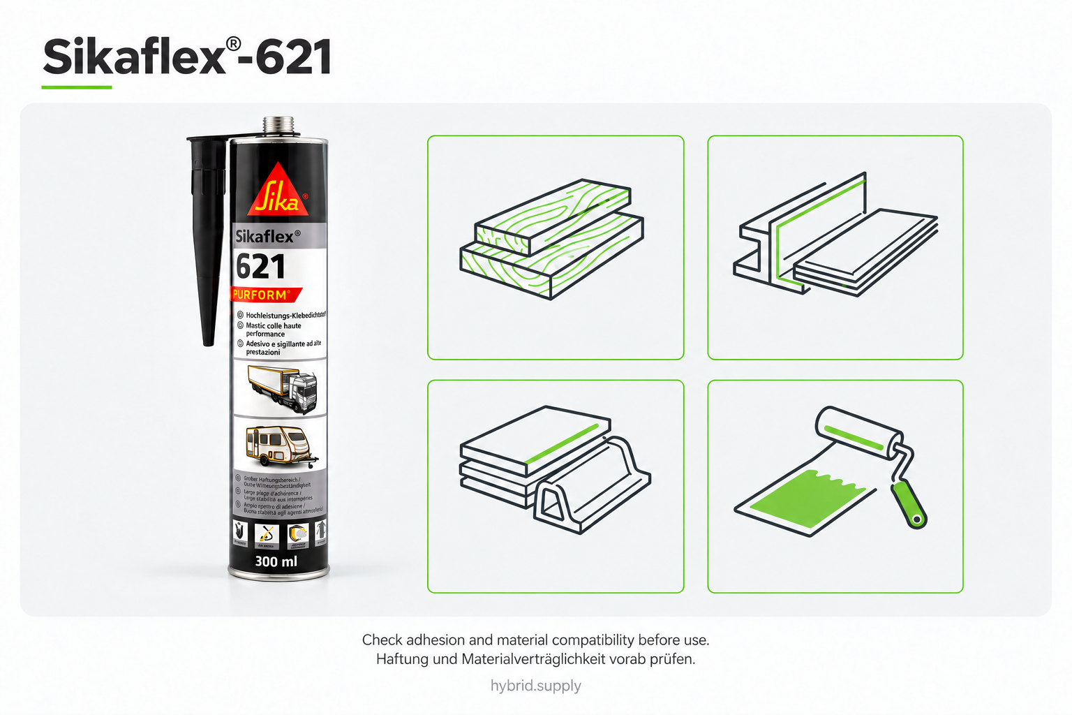 Sikaflex-621 mit Symbolen für Holz, Metall, Kunststoffe und lackierte Oberflächen