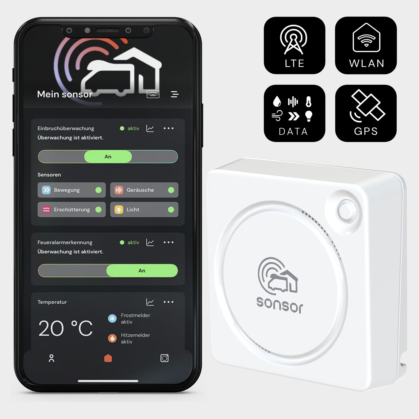 Weiße sonsor-mobil-Alarmanlage neben einem Smartphone mit der sonsor-App